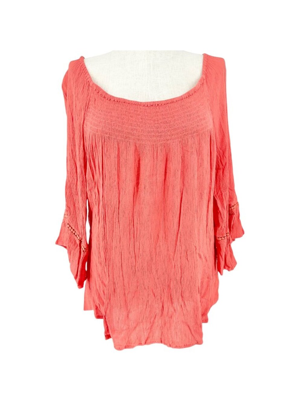 Westport Peasant Top Womens 2X Coral Crinkle Ruched Rayon with 3/4 Sleeves